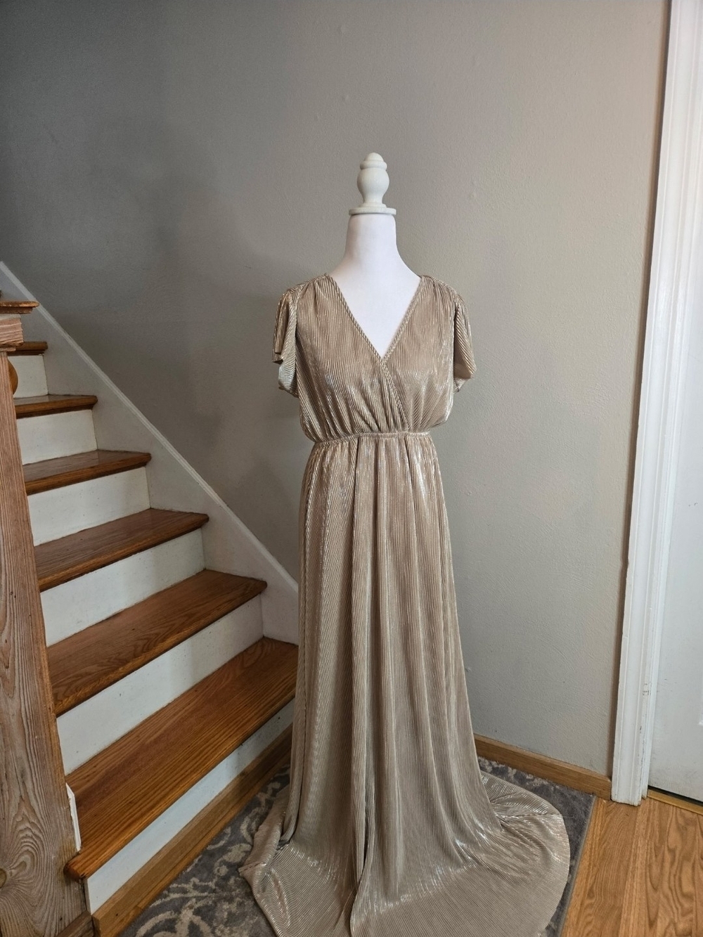 Baltic Born Athena Gold Pleated Maxi Dress Womens Size Large Tall